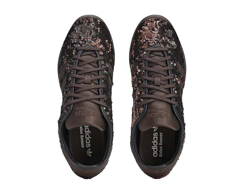 Adidas Karintha x Wales Bonner Sequin Dark Brown detail — golden shiny sequins