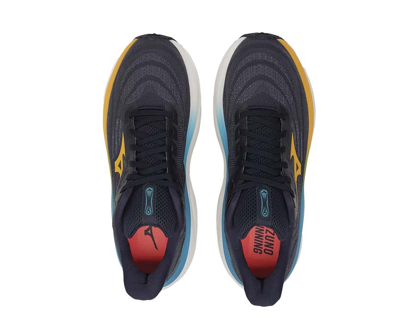 Mizuno Wave Sky 9 Baritone Blue Citrus Capri détail — logo Mizuno