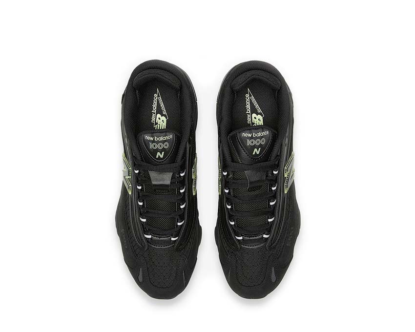 New Balance 1000 Cordura Black Neon détail — logo N et liseré jaune fluo