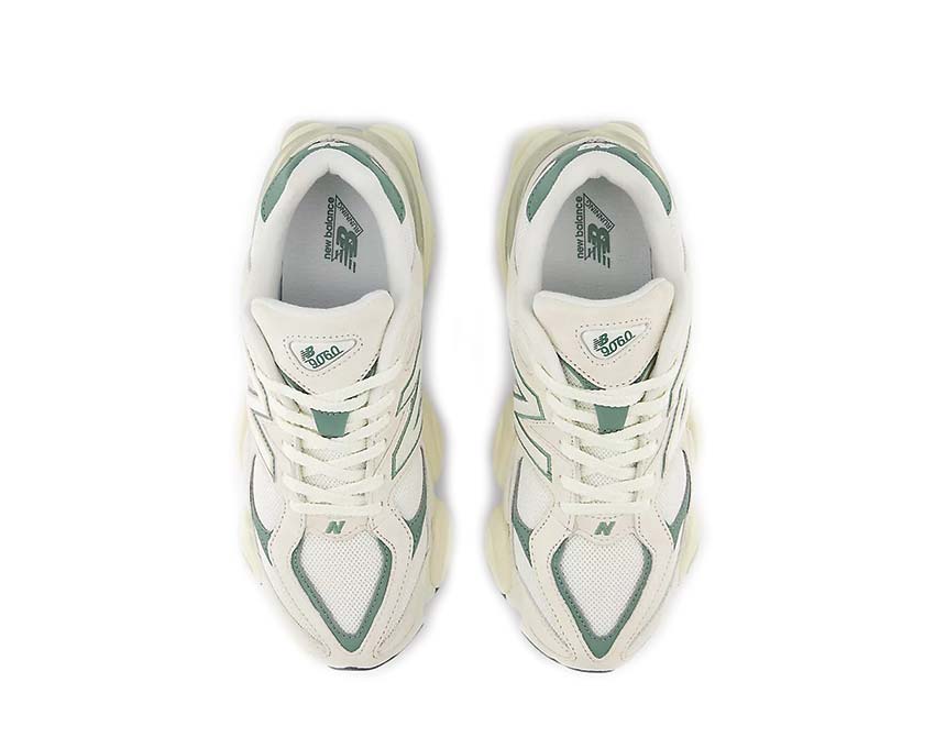New Balance 9060 Linen Dark Juniper detalle — costuras tono sobre tono