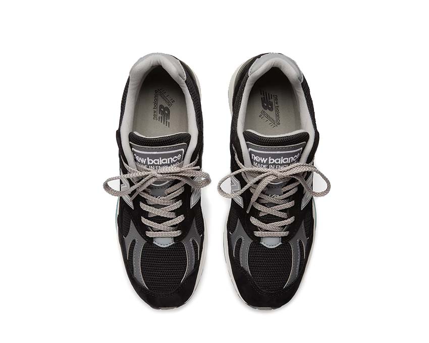 New Balance 991 Made in UK Black Smoked Pearl detail — leather suede materials UK craftsmanship