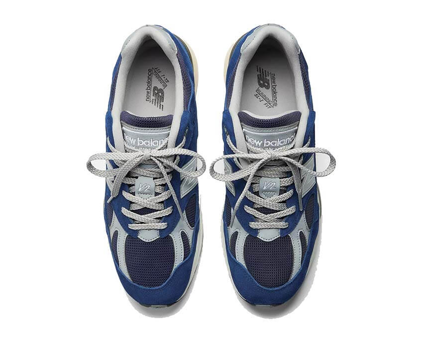 New Balance 991v2 Limoges Blue détail — suède bleu Limoges coutures premium