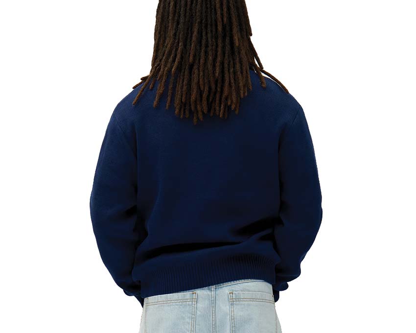 Arte Bird Logo Knit Navy detalle — motivo pájaro punto