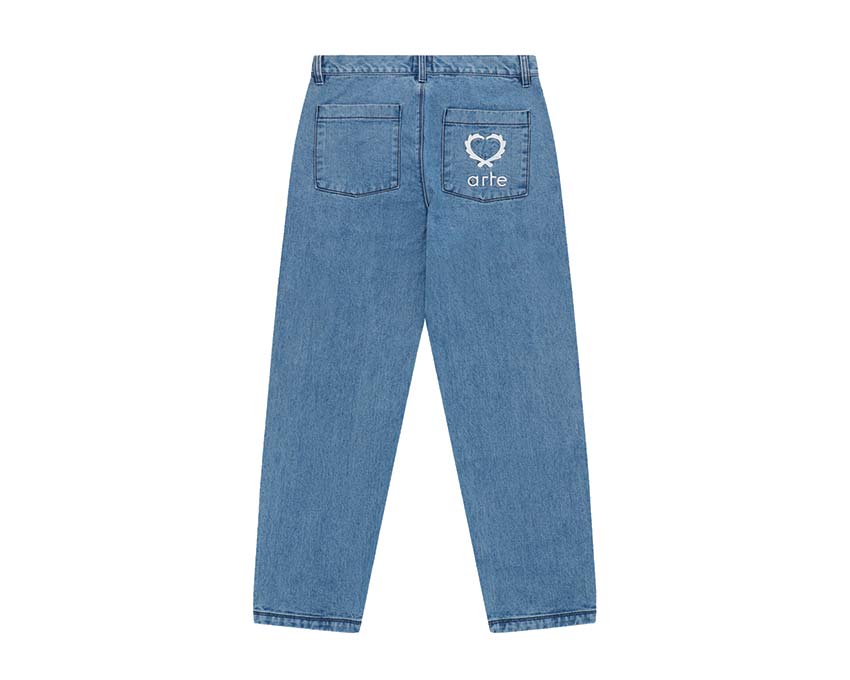 Arte Poage Back Heart Pants Denim vista lateral — detalle bordado corazón