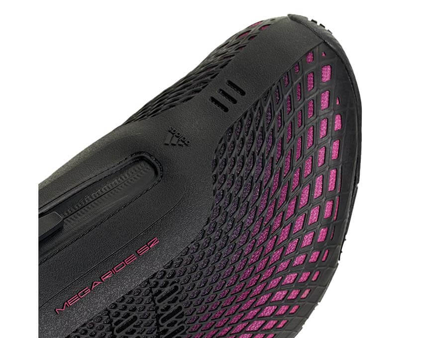 Adidas Megaride S2 Shock Pink vista laterale — stack ammortizzazione spesso