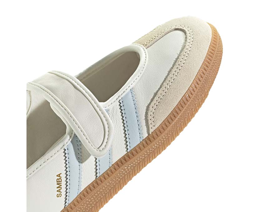 Adidas Samba Jane Cloud White side view — three stripes Halo Blue pastel