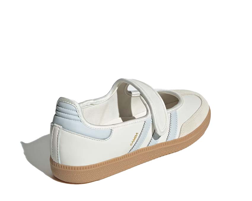 Adidas Samba Jane Cloud White detail — embroidery Halo Blue Cloud White tongue
