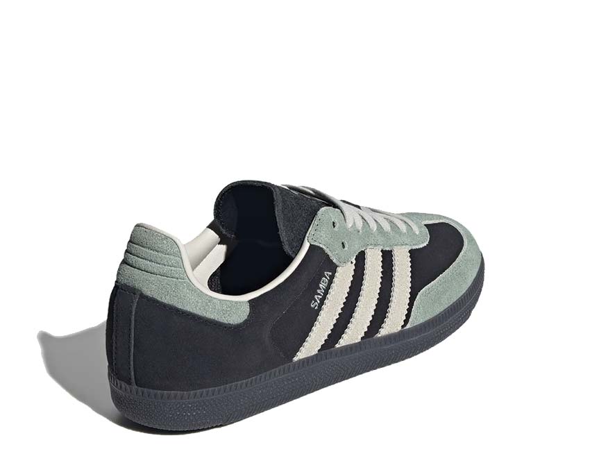 Adidas Samba OG Silver Green détail — tige cuir argent reflets verts