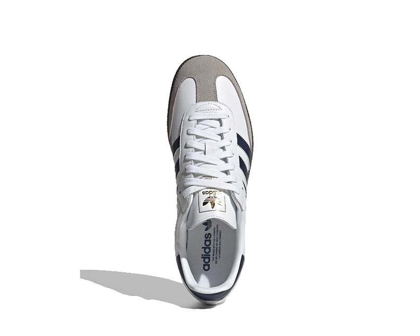 Adidas Samba OG White Night Indigo Detail — weißes Leder Indigo-Streifen