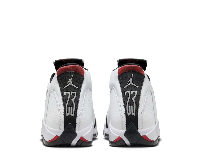 Air Jordan 14 Retro Black Toe White Red détail — tige cuir noir varsity red