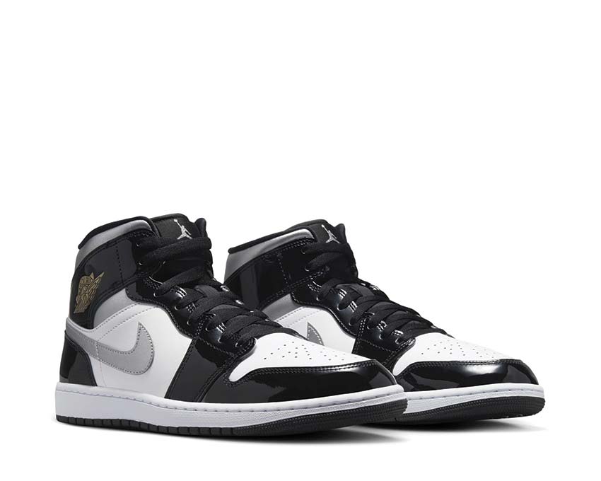Jordan Air Jordan 1 Mid SE Black Metallic Silver White vue latérale — cuir métallisé