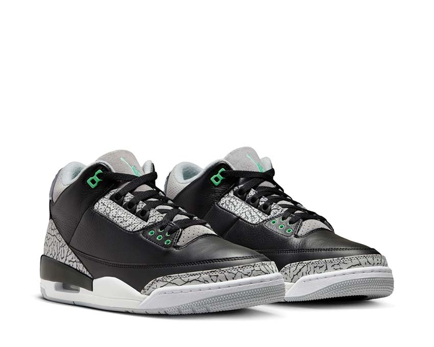 Jordan Air Jordan 3 Retro Green Glow Black Green Glow Wolf Grey White vue latérale — cuir et mesh