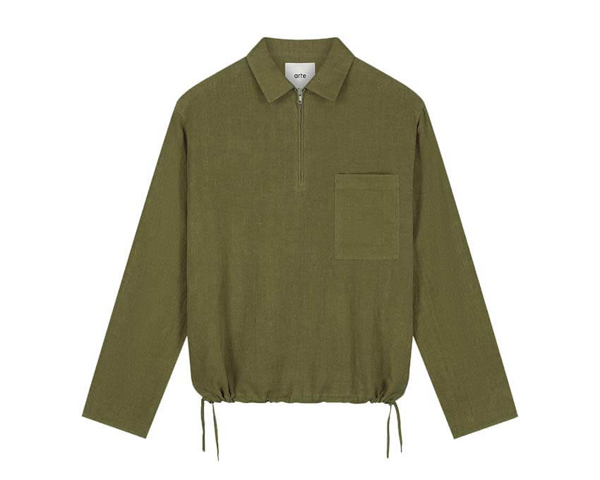 Arte Linen Quarter Zip Pullover Vert — pull homme lin zip quart col