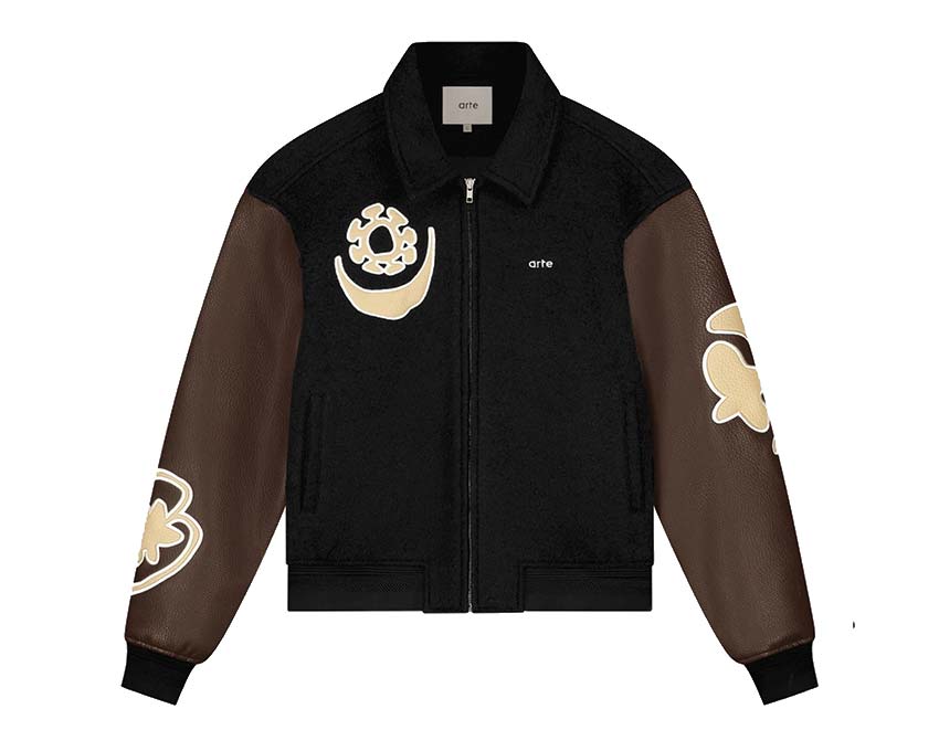 Arte Varsity Jacket Black Brown — veste unisexe style universitaire bicolore