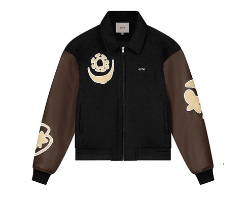 Arte Varsity Jacket Black Brown — veste unisexe style universitaire bicolore