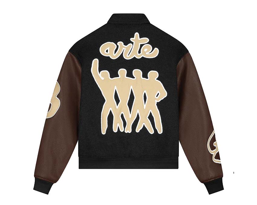 Arte Varsity Jacket Black Brown vue latérale — bandes cuir bicolore