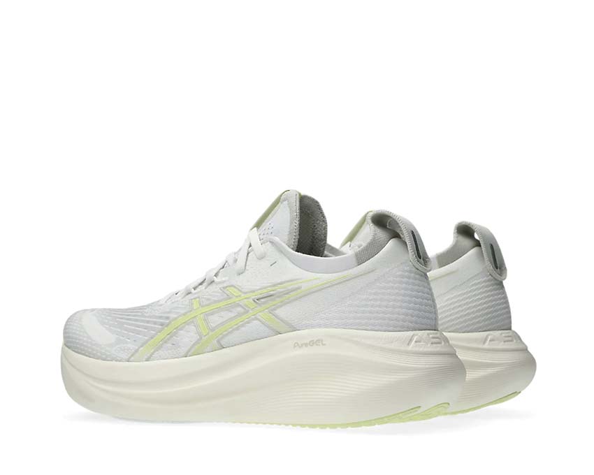 Asics Gel-Nimbus 27 White/Huddle Yellow semelle — Gel maximal longue distance