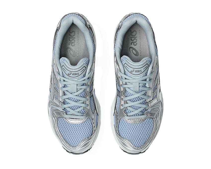 Asics Gel Kayano 14 Dolphin Grey détail — cuir synthétique mesh