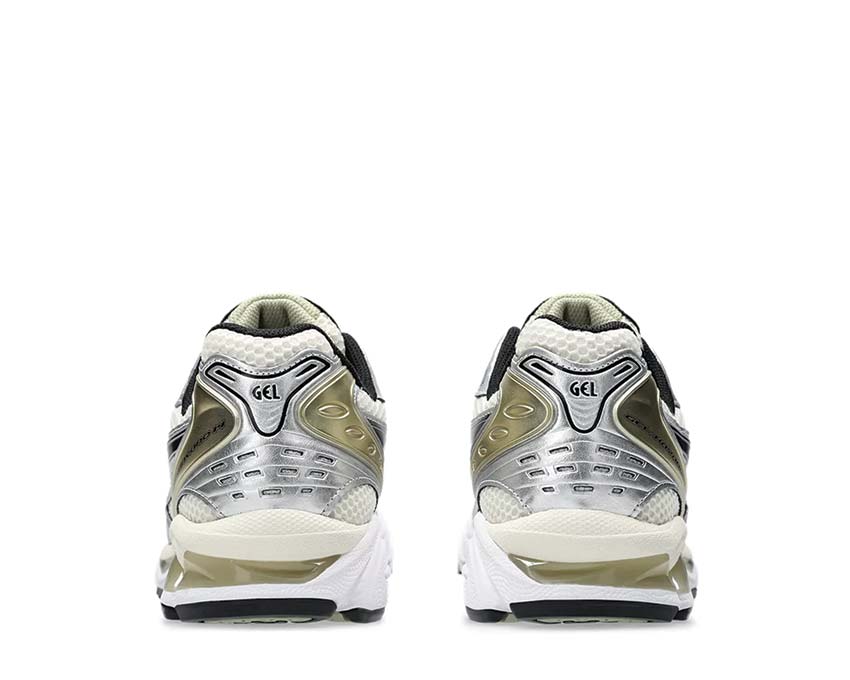 Asics Gel Kayano 14 Birch/Pure Silver détail — cuir synthétique et mesh
