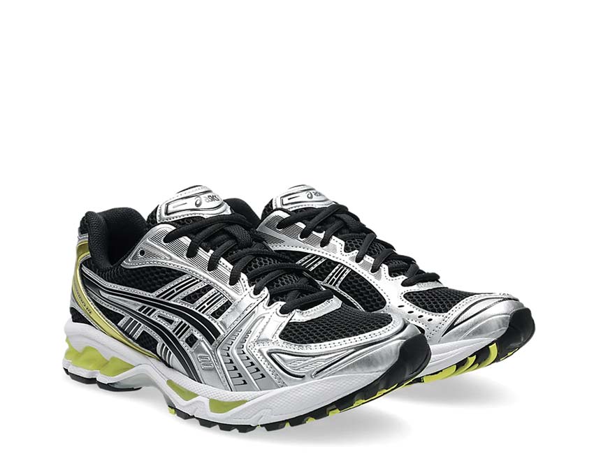 Asics Gel Kayano 14 Black/Lemon Spark vue latérale — tige mesh respirante