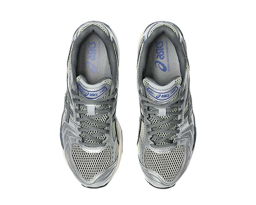 Asics Gel Kayano 14 Soft Yellow détail — cuir synthétique et mesh Asics Blue