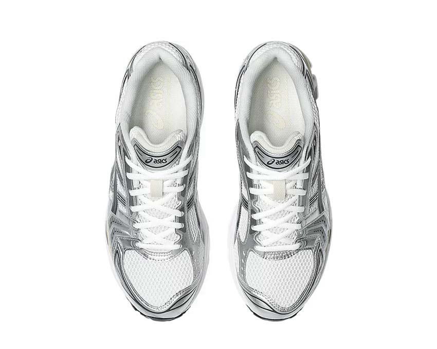 Asics Gel Kayano 14 White/Graphite Grey détail — cuir synthétique mesh