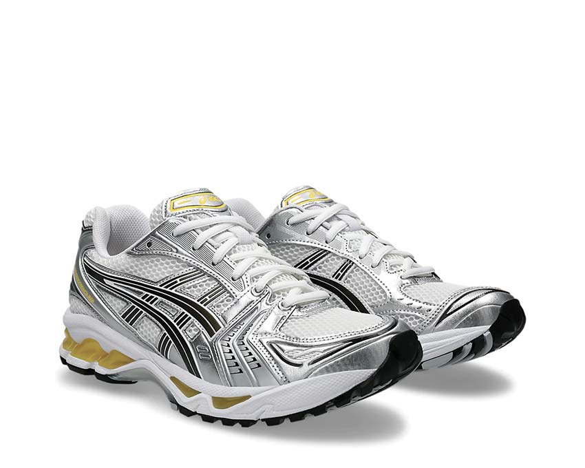 Asics Gel Kayano 14 White/Tai Chi Yellow vue latérale — tige mesh respirante