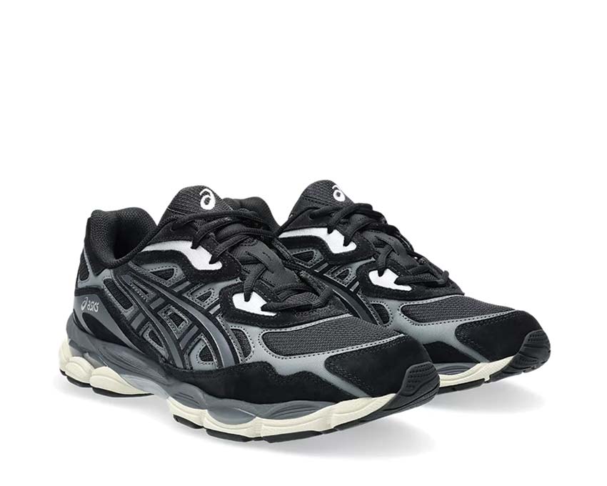 Asics Gel NYC Black/Black vue latérale — tige mesh et cuir vintage