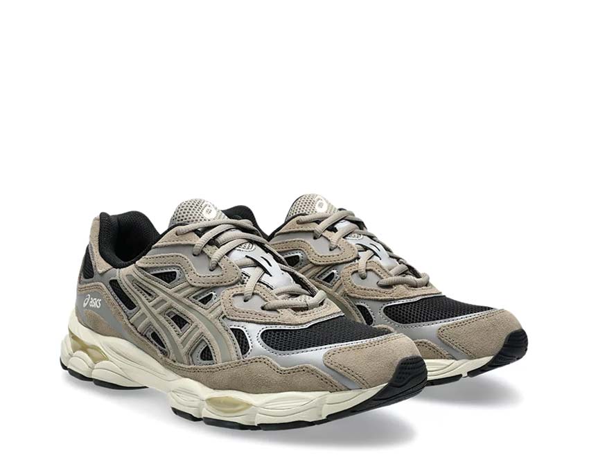 Asics Gel NYC Greige Black/Greige vue latérale — tige mesh et cuir vintage
