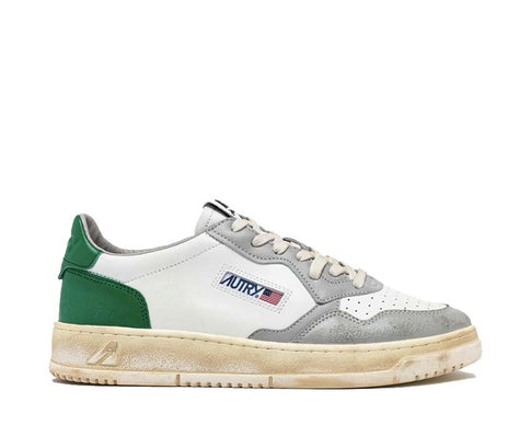Autry Super Vintage Low Leat White Green Grey — sneaker homme cuir blanc vert