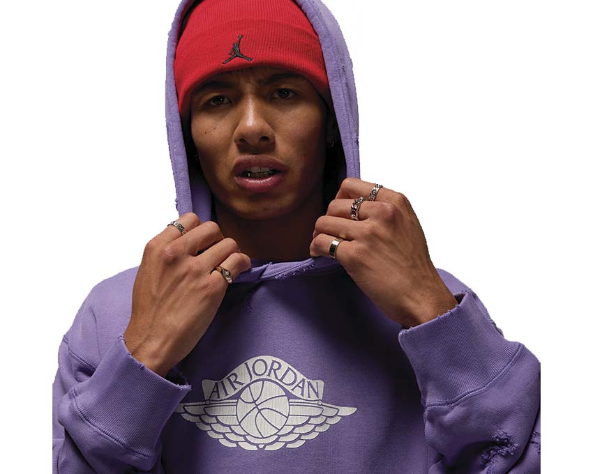 Jordan Rare Air Hoodie Purple Earth détail — logo Jordan effet délavé craquelé