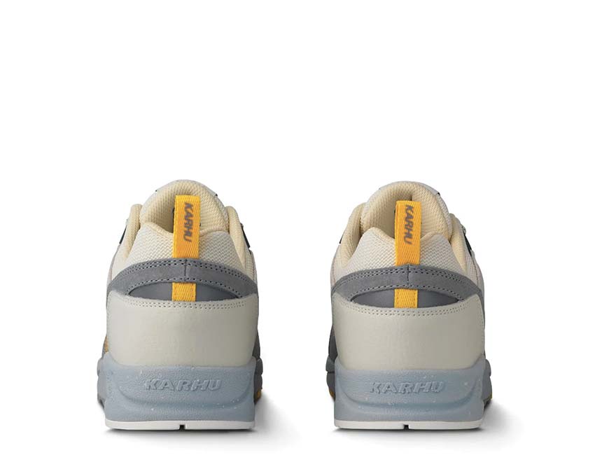 Karhu Fusion 2.0 Limestone Bright White détail — finitions premium cuir et mesh