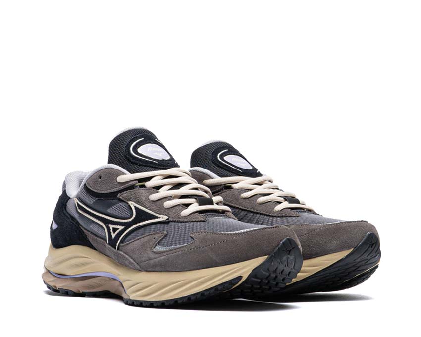 Mizuno Wave Rider Beta White Sand Grey Stone vue latérale — tige mesh respirante