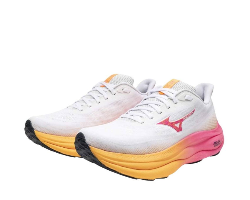 Mizuno Wave Sky 9 White Tang Orange Pink Tetra vue latérale — mesh coloré