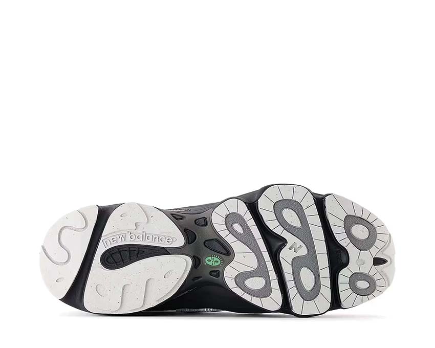 New Balance 1000 Black Silver detalle — superposiciones cuero premium negro-plata