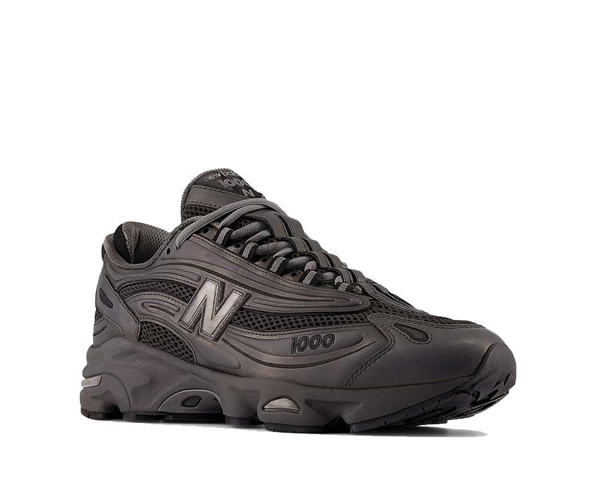 New Balance 1000 Black Metallic vista lateral — refuerzos metálicos