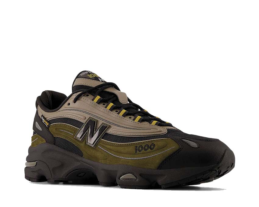 New Balance 1000 Woodland vista lateral — parte superior multimaterial tonos woodland