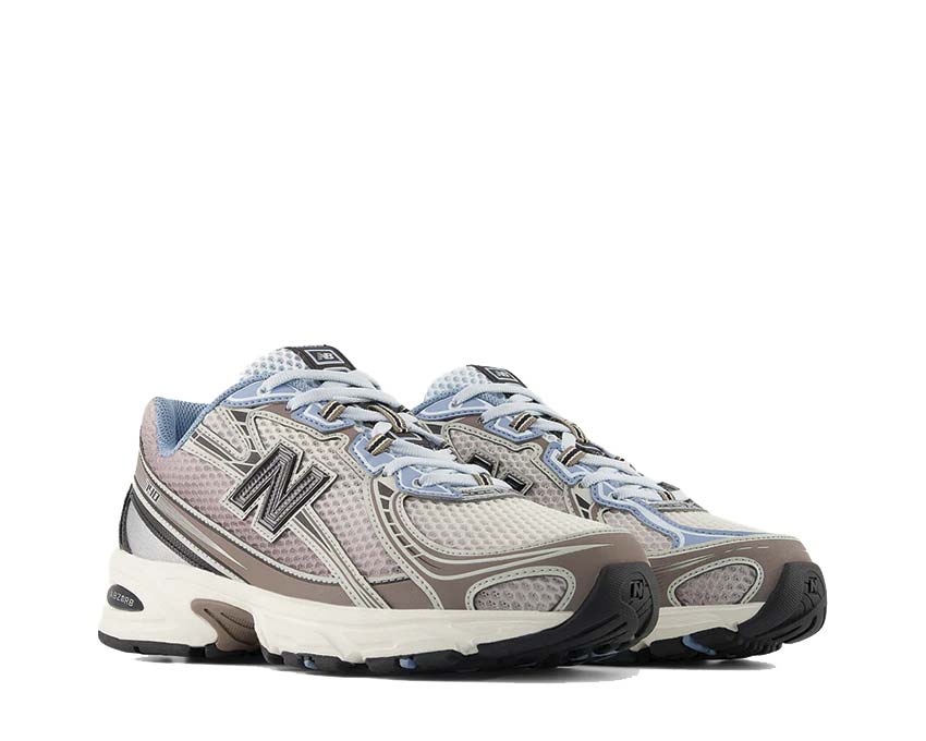 New Balance 740 Sea Salt vista lateral — parte superior malla y ante arena natural