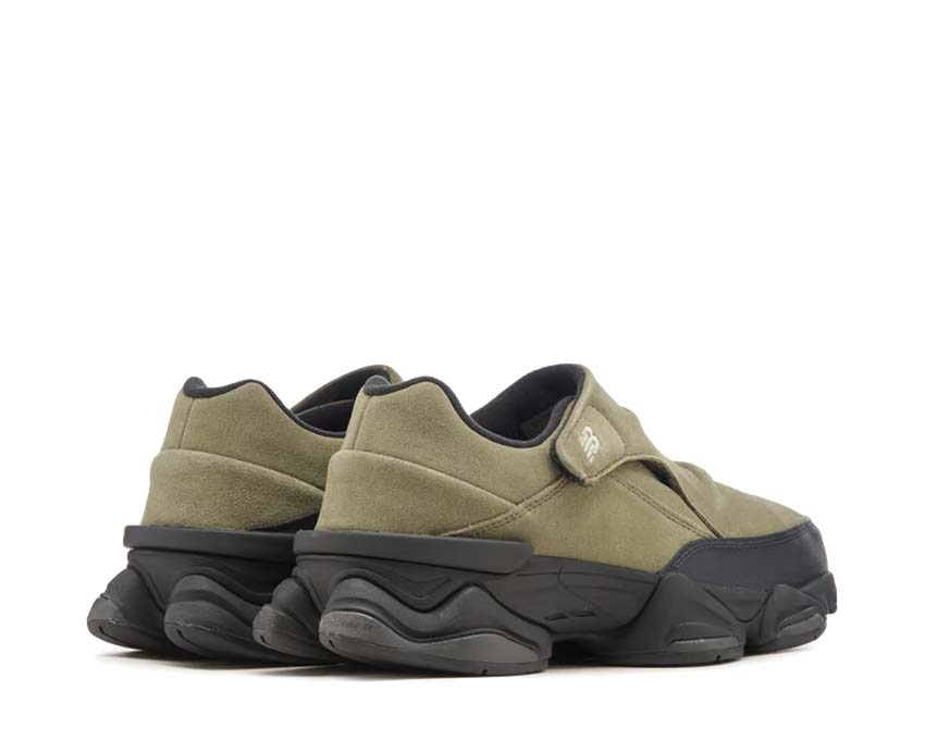 New Balance 8040 Dark Olivine vista lateral — diseño outdoor robusto