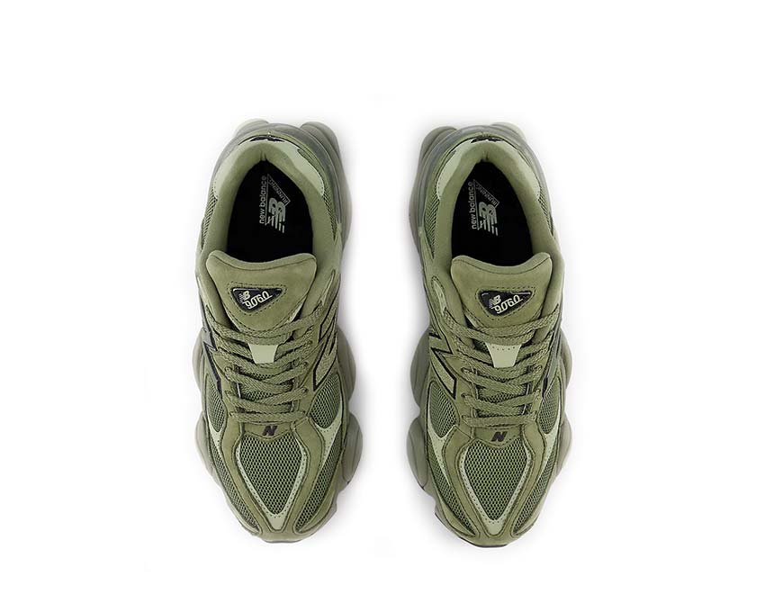 New Balance 9060 Dark Olivine detalle — superposiciones de ante y mesh