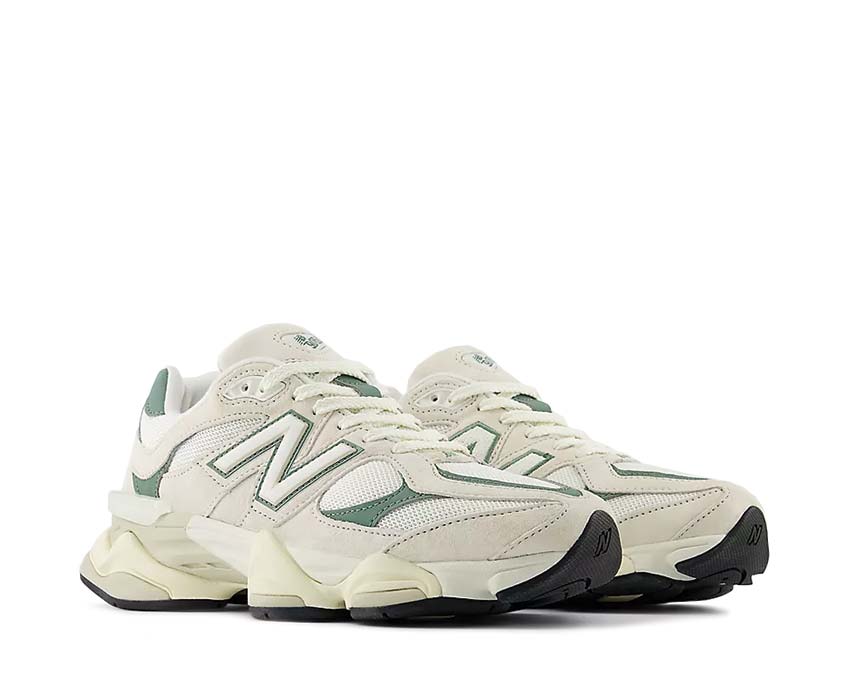 New Balance 9060 Linen Dark Juniper vista lateral — parte superior ante y nobuck