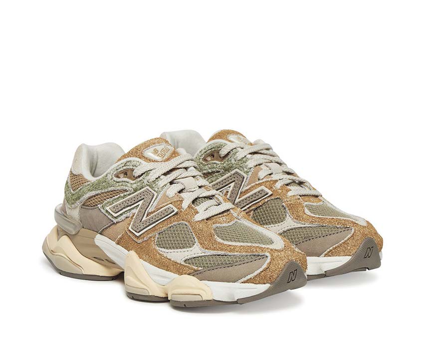 New Balance 9060 Olivine/Great Plains/Arid Stone side view — reinforced dad shoe silhouette