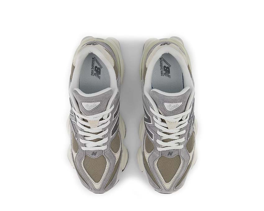 New Balance 9060 Slate Grey/Arid Stone/Timberwolf détail — empiècements en nubuck et mesh