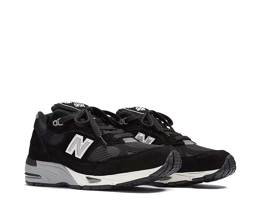 New Balance 991 Made in UK Black Silver vue latérale — cuir premium Made in UK