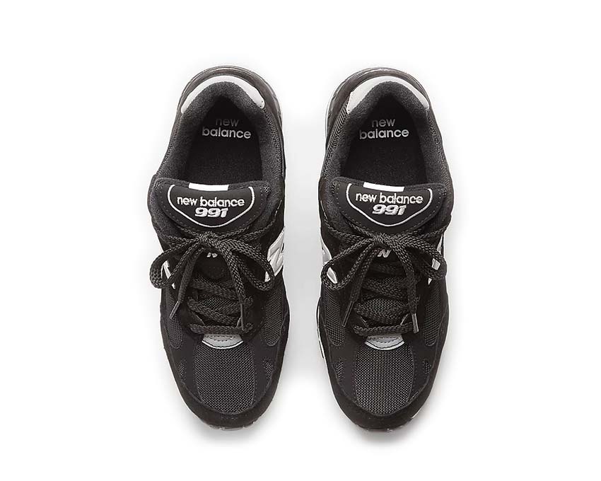 New Balance 991 Made in UK Black Silver detalle — paneles de ante y mesh