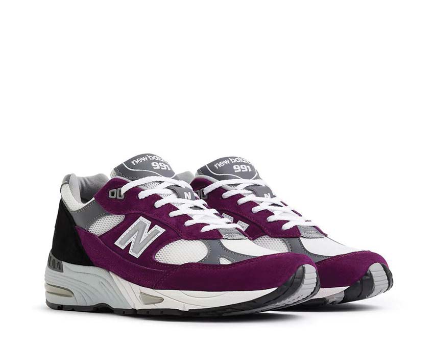 New Balance 991 Made in UK Purple vue latérale — construction premium UK
