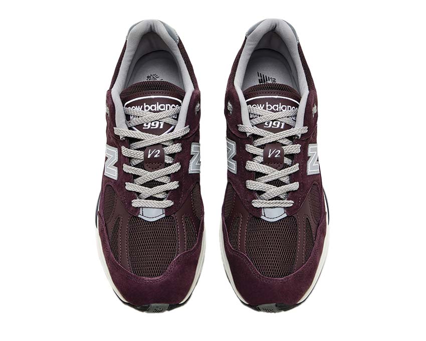 New Balance 991v2 Made in UK Catawba Grape — vue arrière talon broderie N emblématique