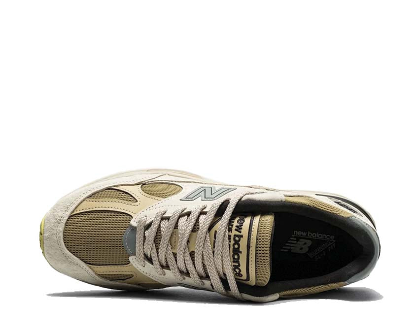 New Balance 991v2 Made in UK Silver Birch detail — leather suede made in England