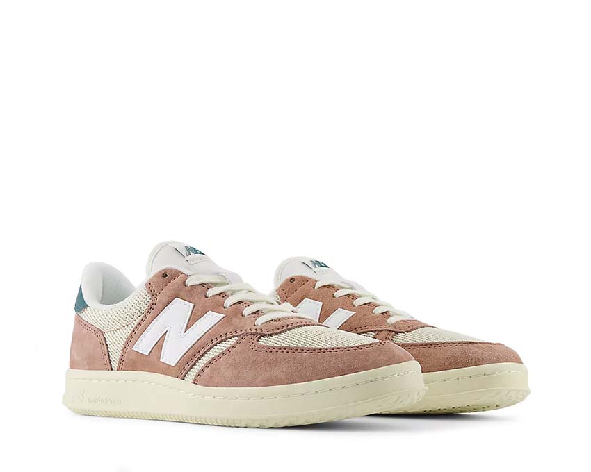 New Balance T500 Landslide/Linen/New Spruce side view — leather and lightweight canvas upper