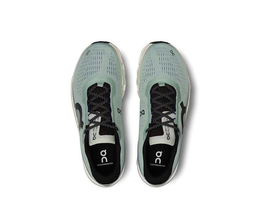 On Cloudmonster 2 Mineral/Aloe détail — tige mesh running homme
